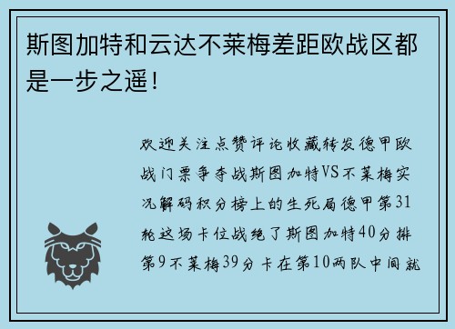 斯图加特和云达不莱梅差距欧战区都是一步之遥！